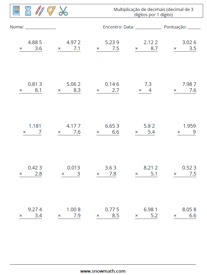 (25) Multiplicação de decimais (decimal de 3 dígitos por 1 dígito) planilhas matemáticas 4