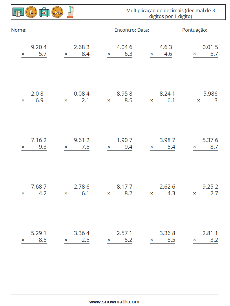 (25) Multiplicação de decimais (decimal de 3 dígitos por 1 dígito) planilhas matemáticas 5