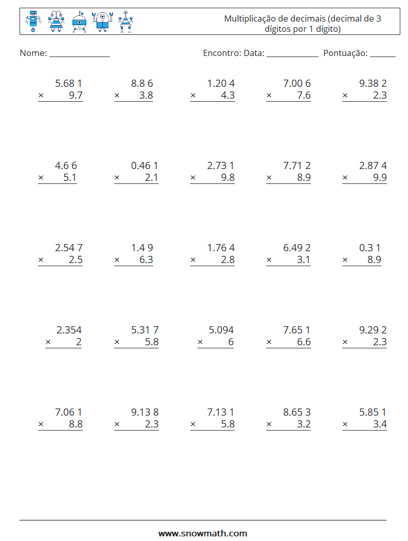(25) Multiplicação de decimais (decimal de 3 dígitos por 1 dígito) planilhas matemáticas 6