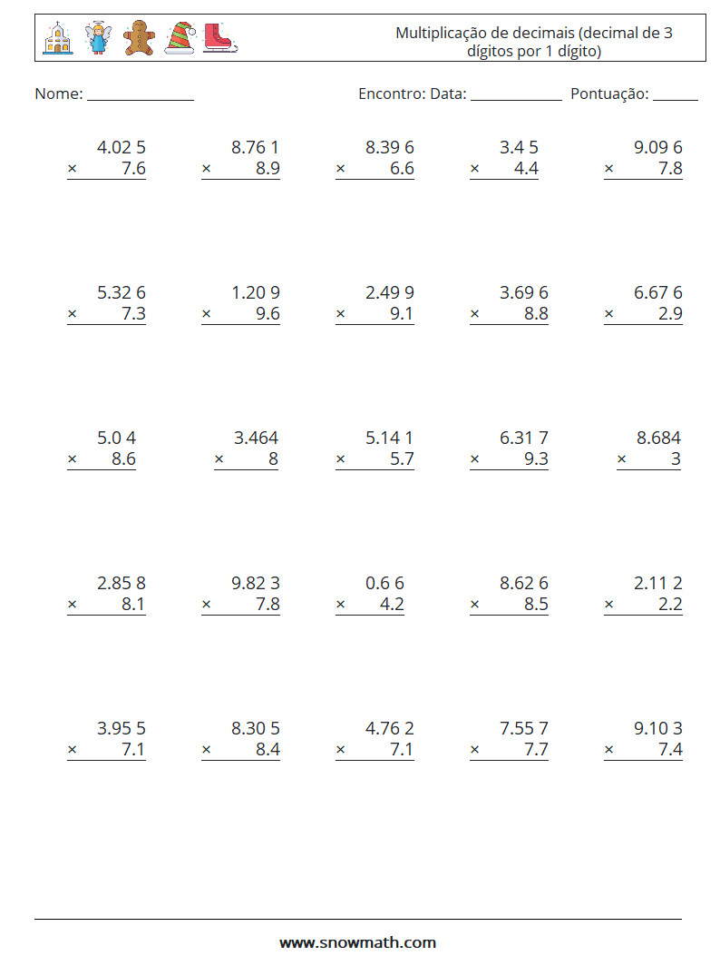 (25) Multiplicação de decimais (decimal de 3 dígitos por 1 dígito) planilhas matemáticas 7