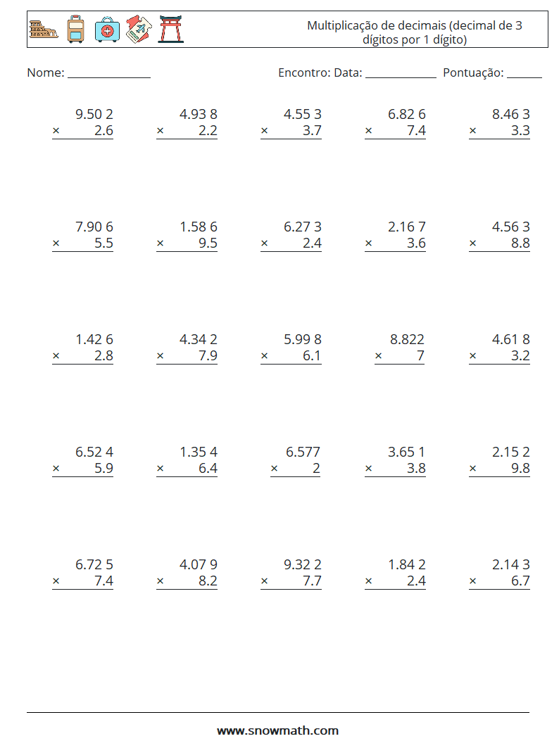 (25) Multiplicação de decimais (decimal de 3 dígitos por 1 dígito) planilhas matemáticas 8
