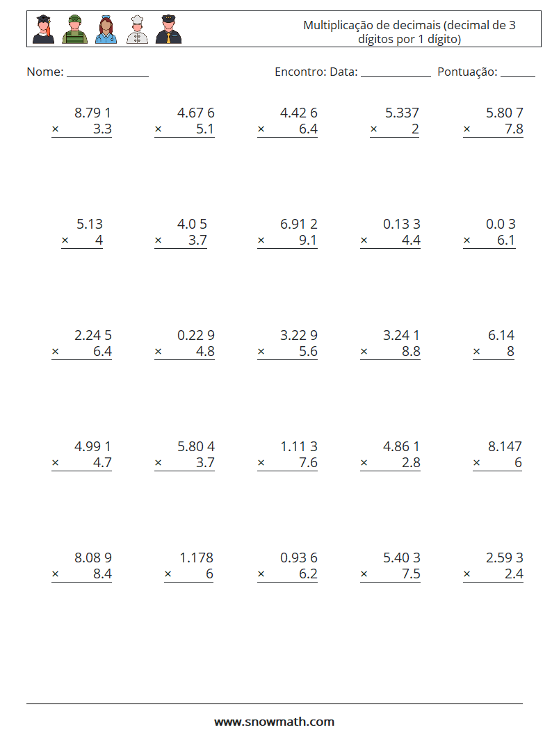 (25) Multiplicação de decimais (decimal de 3 dígitos por 1 dígito) planilhas matemáticas 9