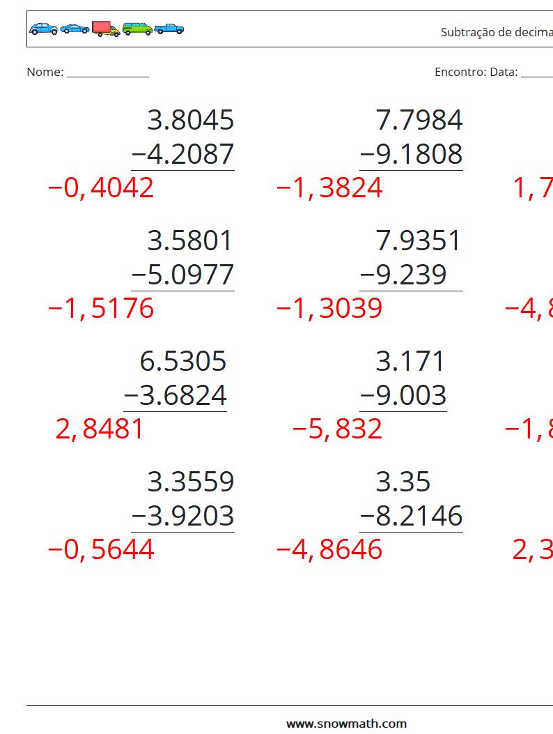 (12) Subtração de decimais (4 dígitos) planilhas matemáticas 10 Pergunta, Resposta