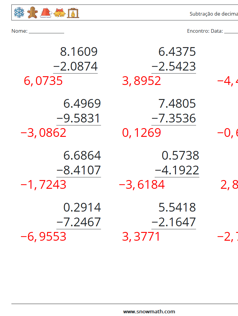 (12) Subtração de decimais (4 dígitos) planilhas matemáticas 14 Pergunta, Resposta