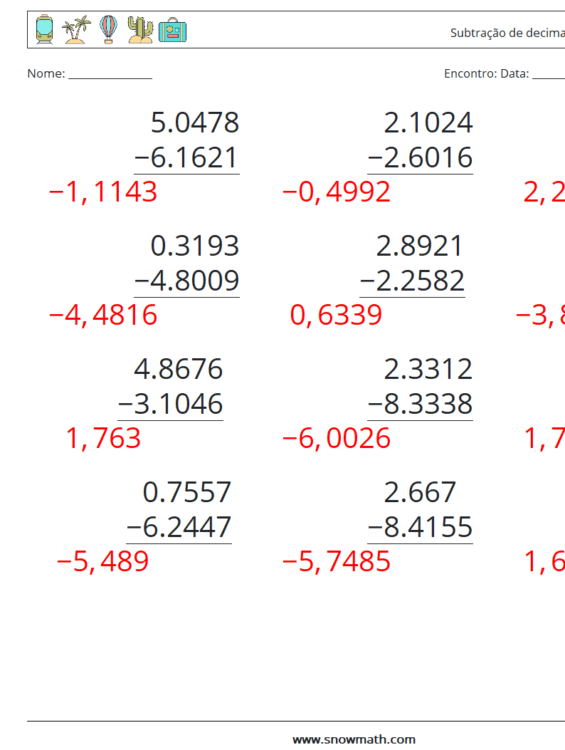 (12) Subtração de decimais (4 dígitos) planilhas matemáticas 15 Pergunta, Resposta