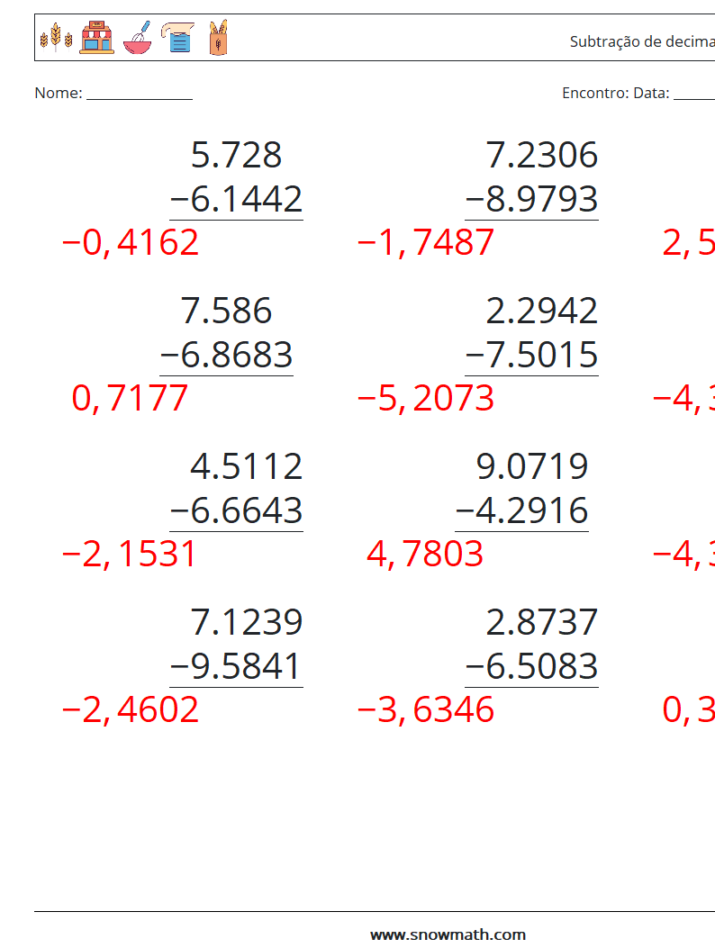 (12) Subtração de decimais (4 dígitos) planilhas matemáticas 16 Pergunta, Resposta