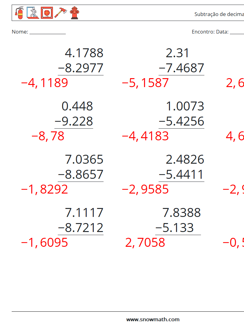 (12) Subtração de decimais (4 dígitos) planilhas matemáticas 17 Pergunta, Resposta