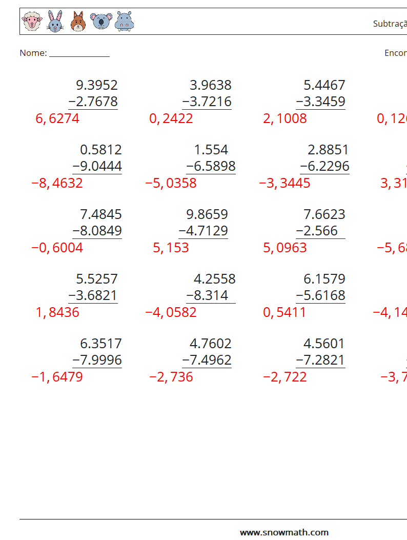 (25) Subtração de decimais (4 dígitos) planilhas matemáticas 10 Pergunta, Resposta