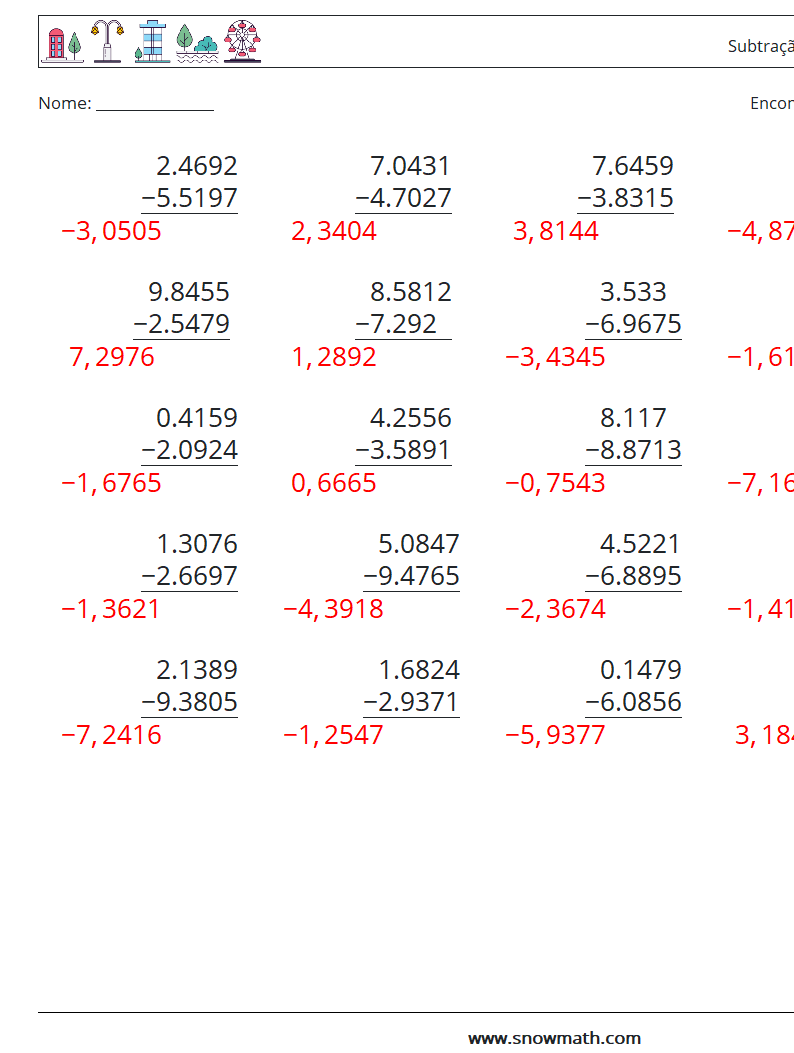 (25) Subtração de decimais (4 dígitos) planilhas matemáticas 12 Pergunta, Resposta