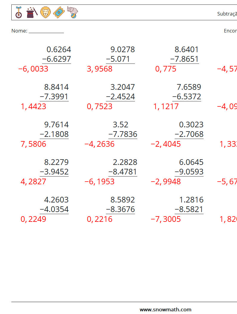 (25) Subtração de decimais (4 dígitos) planilhas matemáticas 13 Pergunta, Resposta