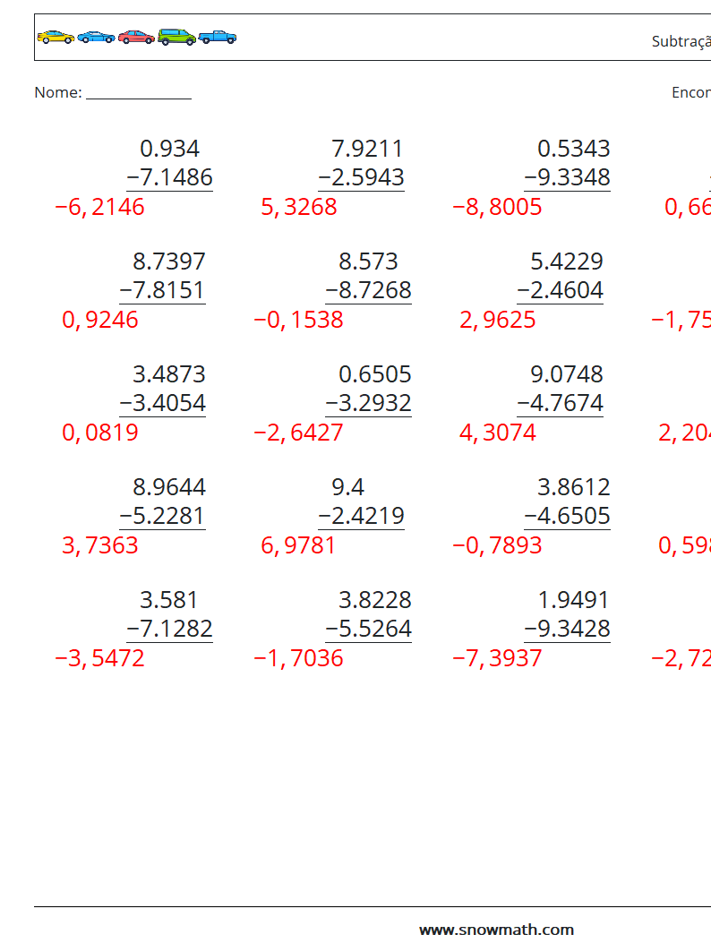 (25) Subtração de decimais (4 dígitos) planilhas matemáticas 14 Pergunta, Resposta