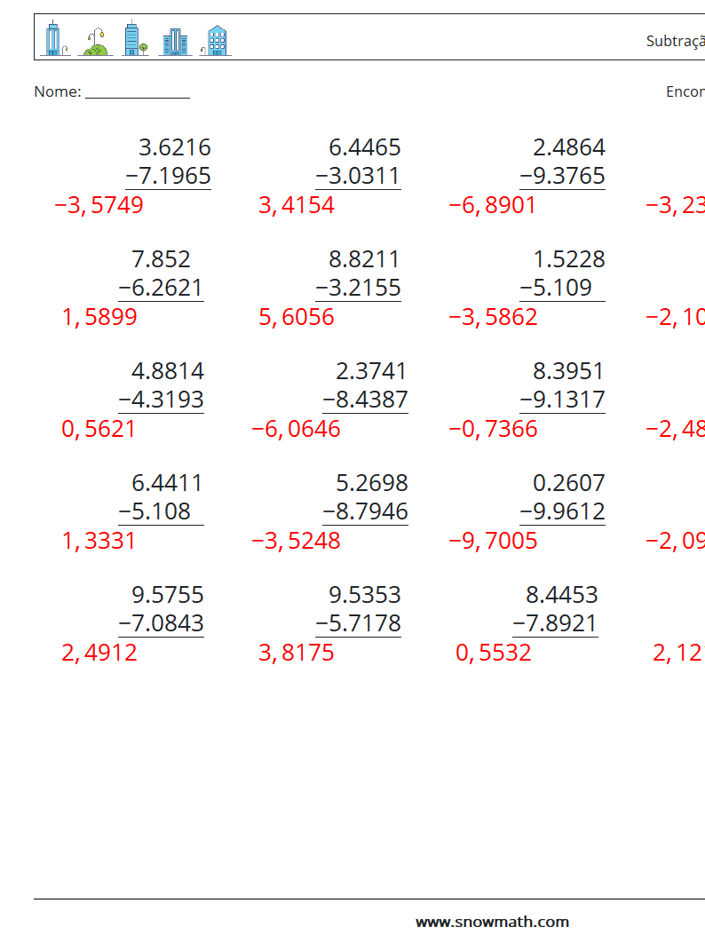 (25) Subtração de decimais (4 dígitos) planilhas matemáticas 15 Pergunta, Resposta