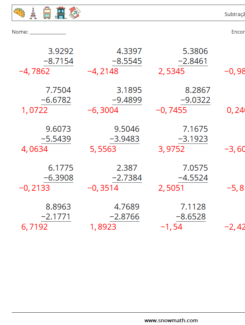 (25) Subtração de decimais (4 dígitos) planilhas matemáticas 16 Pergunta, Resposta