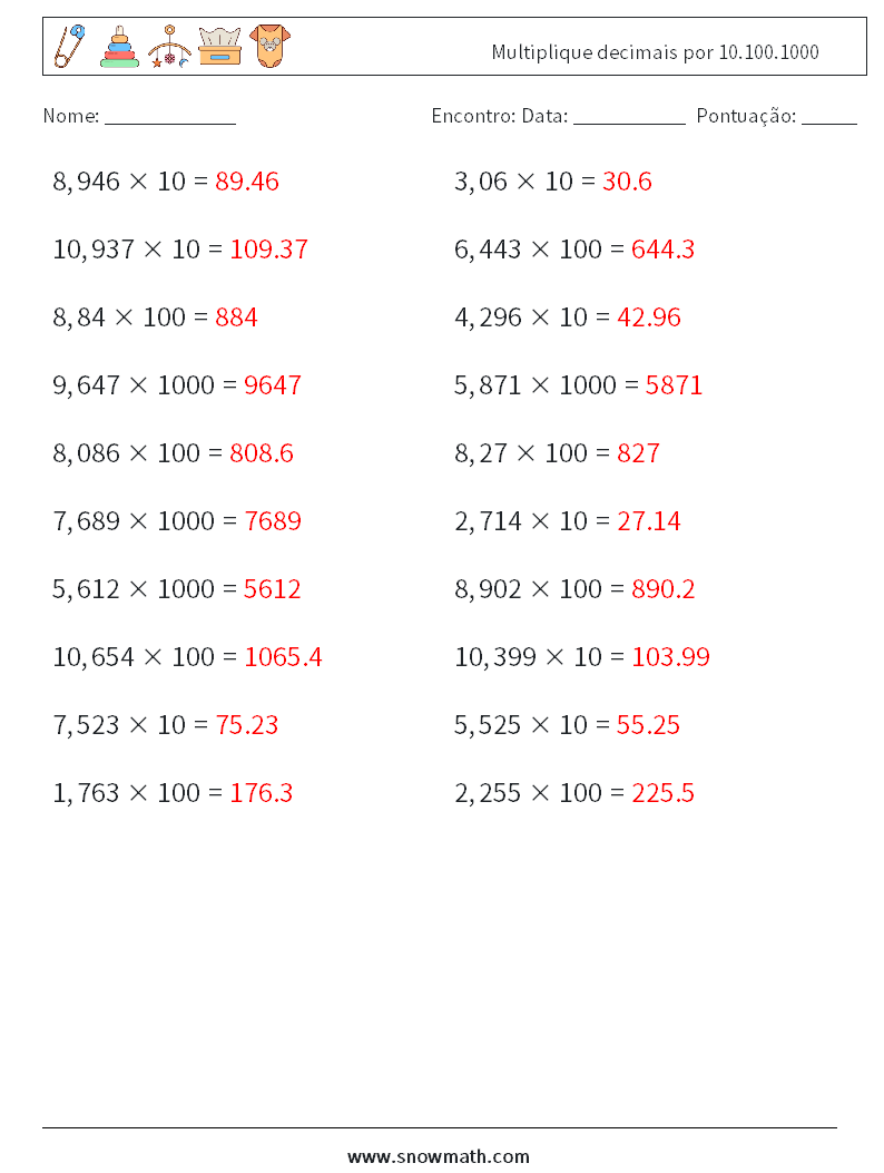 Multiplique decimais por 10.100.1000 planilhas matemáticas 11 Pergunta, Resposta