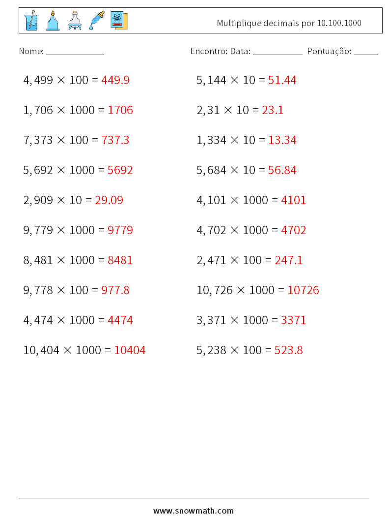 Multiplique decimais por 10.100.1000 planilhas matemáticas 13 Pergunta, Resposta