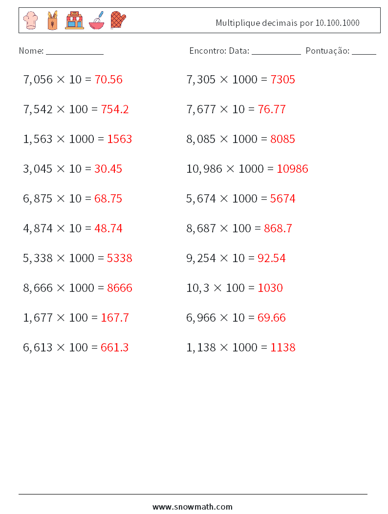 Multiplique decimais por 10.100.1000 planilhas matemáticas 15 Pergunta, Resposta