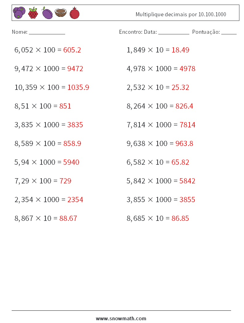 Multiplique decimais por 10.100.1000 planilhas matemáticas 16 Pergunta, Resposta