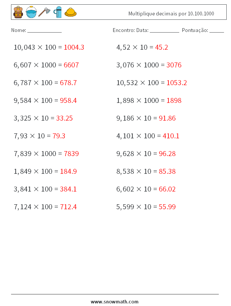 Multiplique decimais por 10.100.1000 planilhas matemáticas 18 Pergunta, Resposta