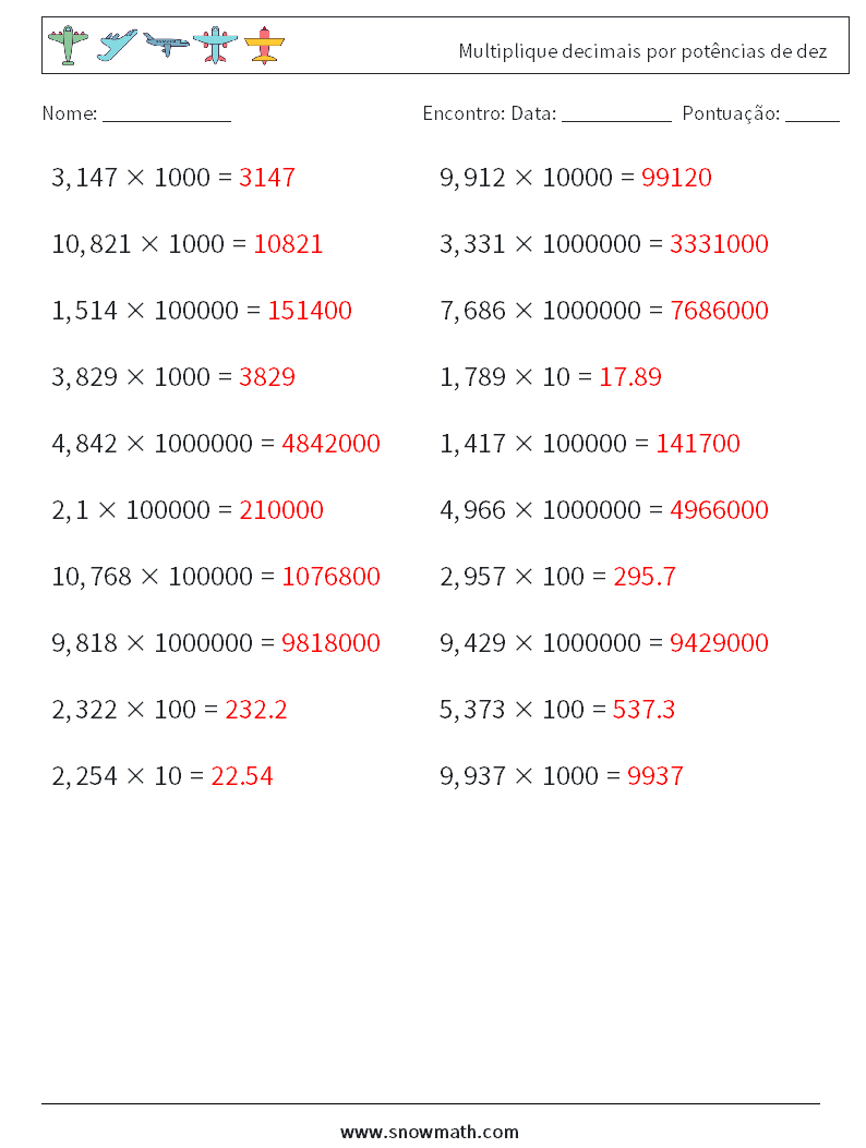 Multiplique decimais por potências de dez planilhas matemáticas 13 Pergunta, Resposta