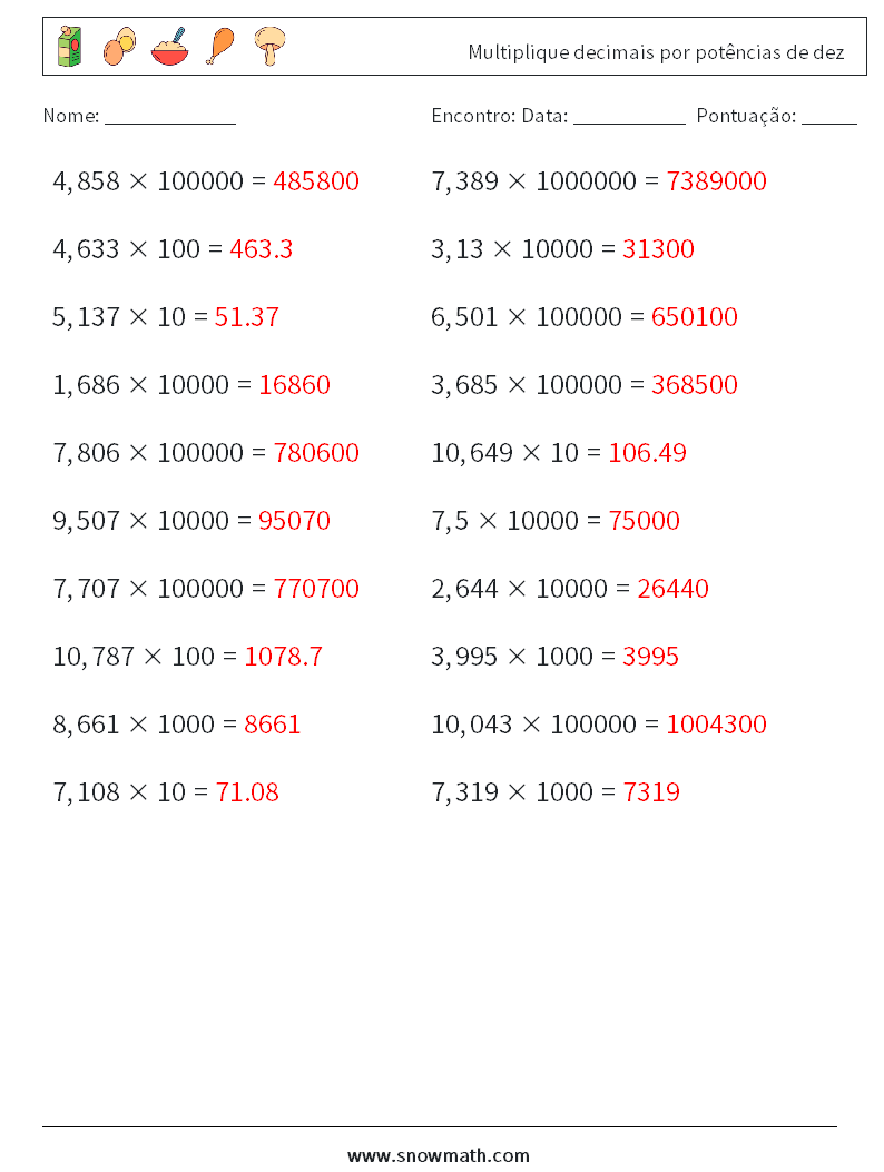 Multiplique decimais por potências de dez planilhas matemáticas 17 Pergunta, Resposta