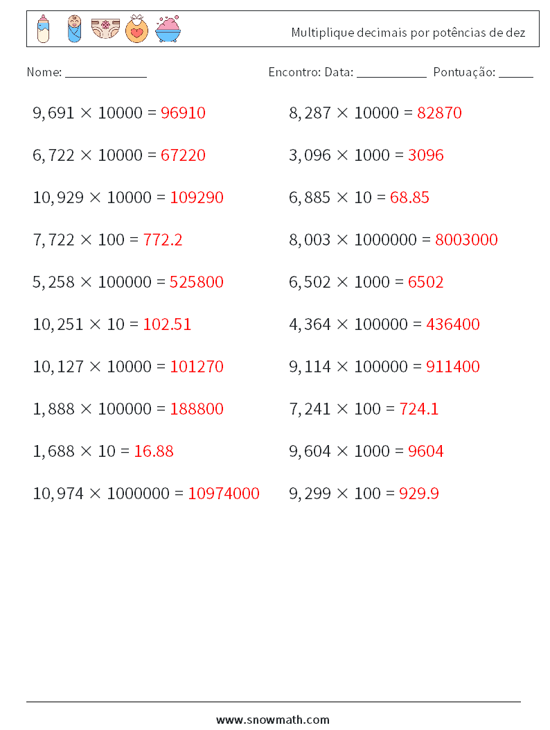 Multiplique decimais por potências de dez planilhas matemáticas 18 Pergunta, Resposta