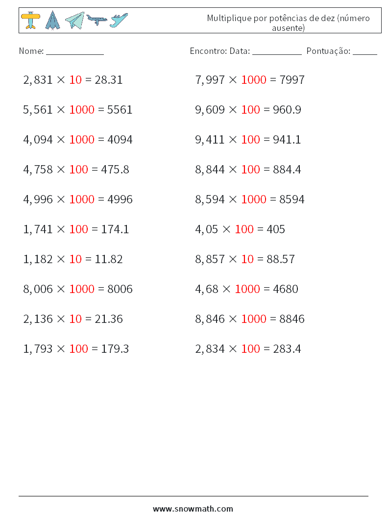 Multiplique por potências de dez (número ausente) planilhas matemáticas 13 Pergunta, Resposta
