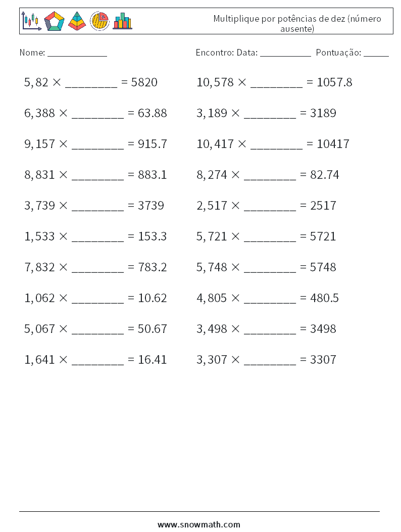 Multiplique por potências de dez (número ausente) planilhas matemáticas 5