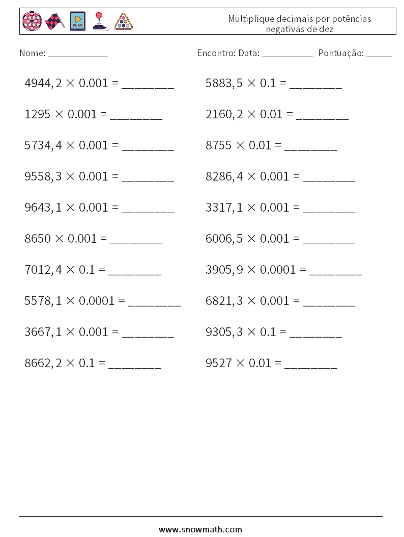 Multiplique decimais por potências negativas de dez planilhas matemáticas 10