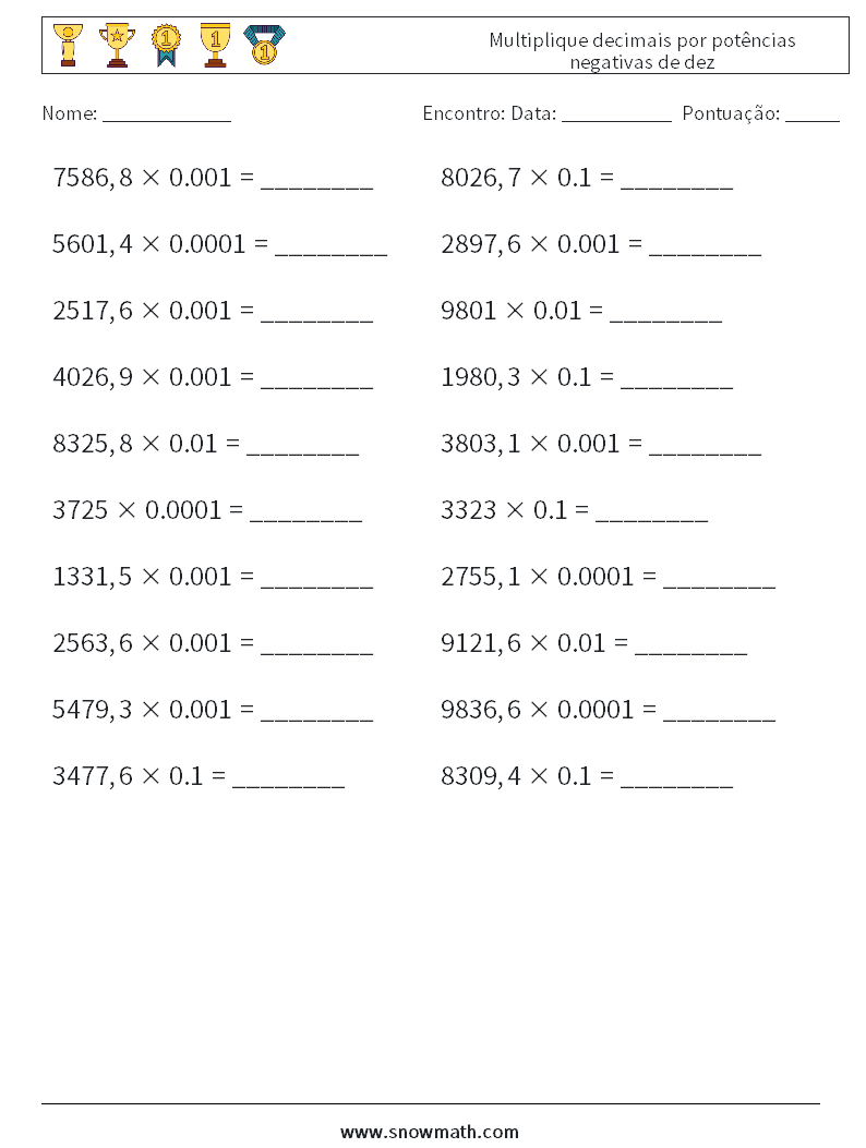 Multiplique decimais por potências negativas de dez planilhas matemáticas 11