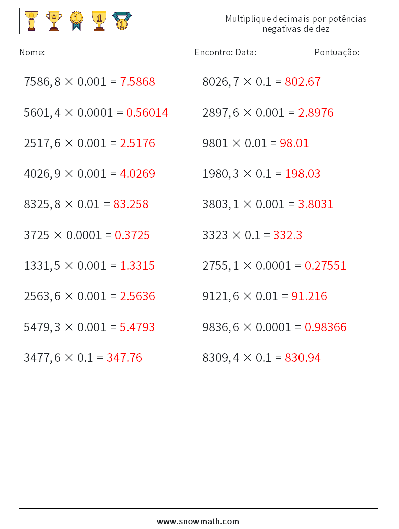 Multiplique decimais por potências negativas de dez planilhas matemáticas 11 Pergunta, Resposta