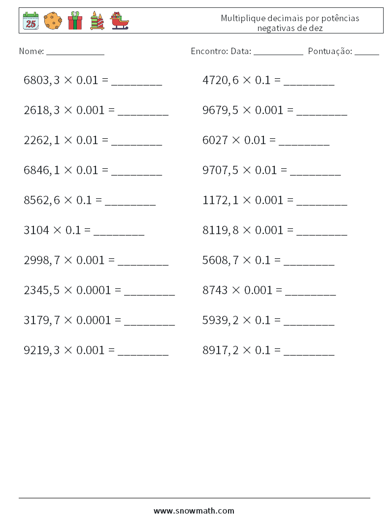 Multiplique decimais por potências negativas de dez planilhas matemáticas 13