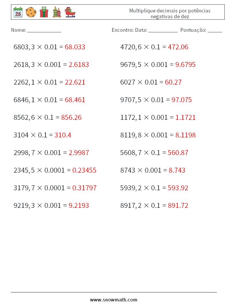 Multiplique decimais por potências negativas de dez planilhas matemáticas 13 Pergunta, Resposta