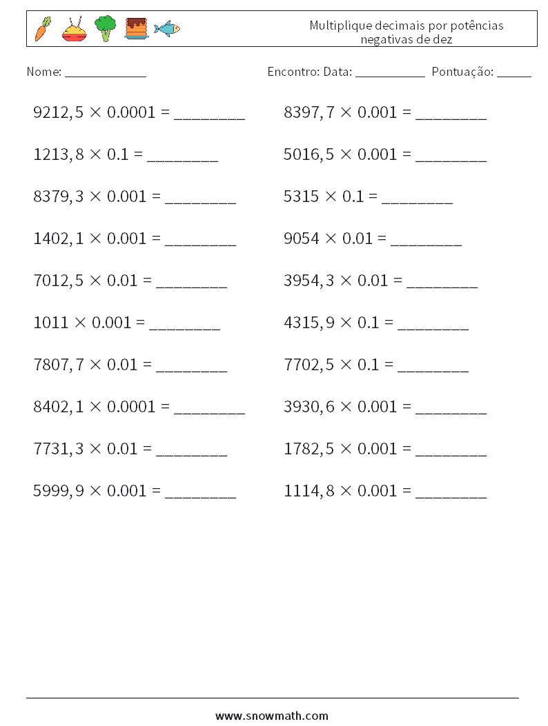 Multiplique decimais por potências negativas de dez planilhas matemáticas 14