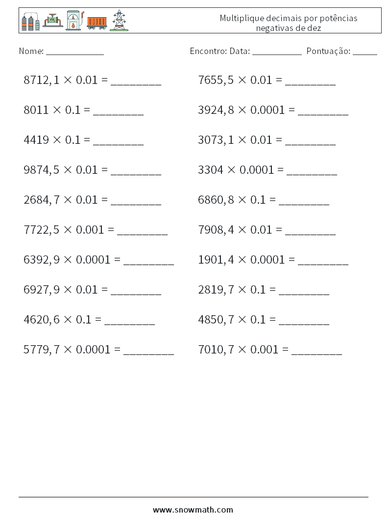 Multiplique decimais por potências negativas de dez planilhas matemáticas 15
