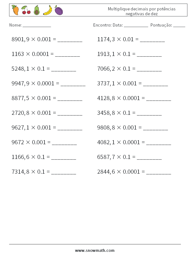 Multiplique decimais por potências negativas de dez planilhas matemáticas 16