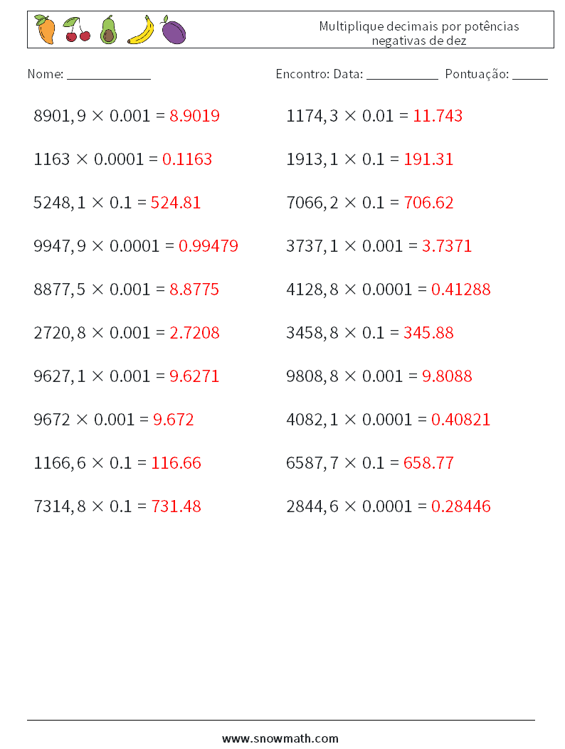 Multiplique decimais por potências negativas de dez planilhas matemáticas 16 Pergunta, Resposta