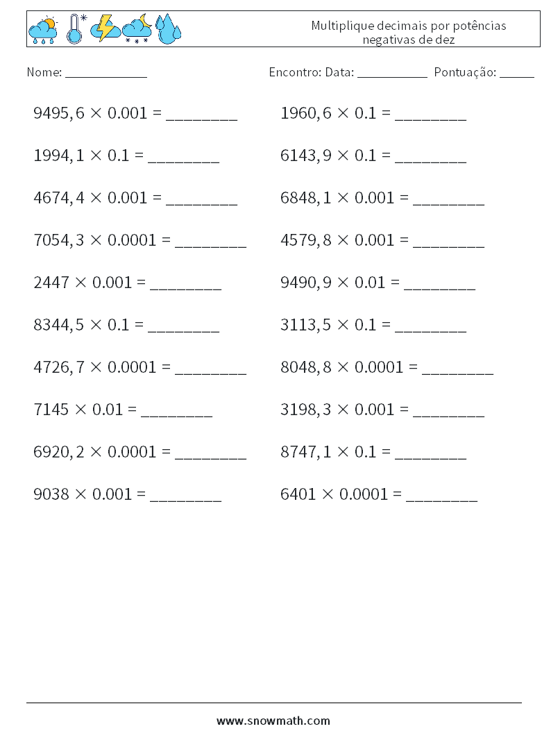 Multiplique decimais por potências negativas de dez planilhas matemáticas 17