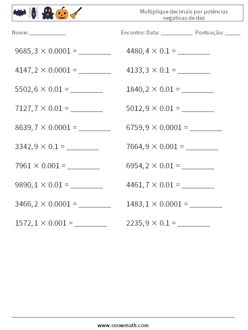 Multiplique decimais por potências negativas de dez planilhas matemáticas 18