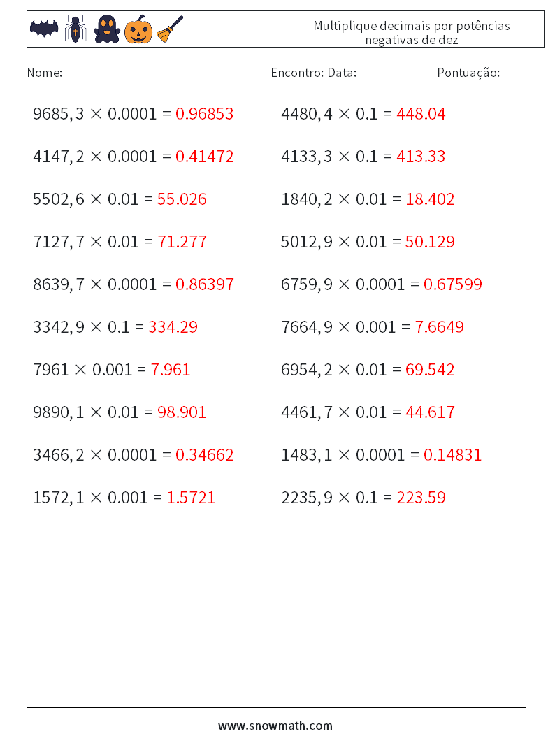 Multiplique decimais por potências negativas de dez planilhas matemáticas 18 Pergunta, Resposta