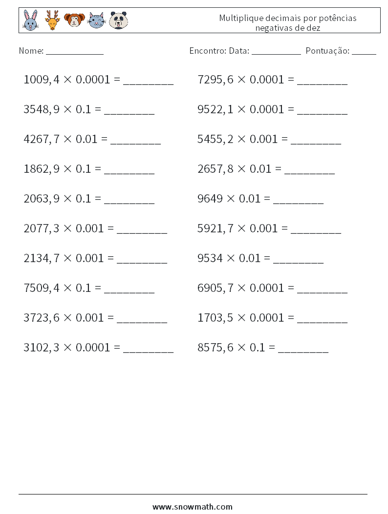 Multiplique decimais por potências negativas de dez planilhas matemáticas 2