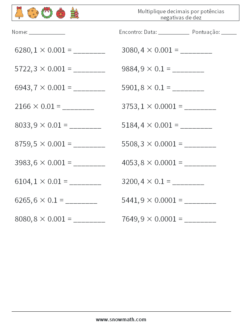 Multiplique decimais por potências negativas de dez planilhas matemáticas 3