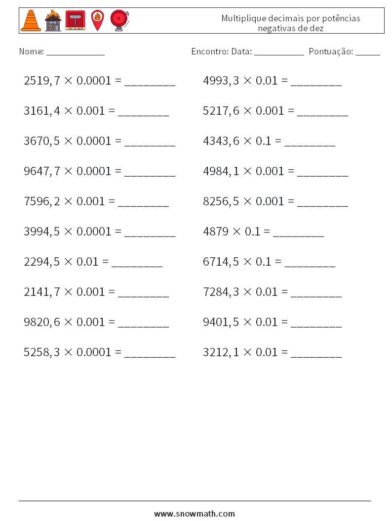 Multiplique decimais por potências negativas de dez planilhas matemáticas 4