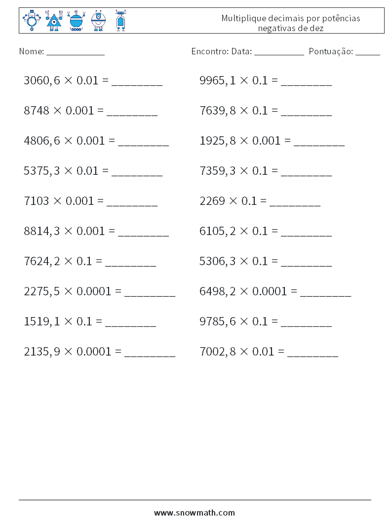 Multiplique decimais por potências negativas de dez planilhas matemáticas 5