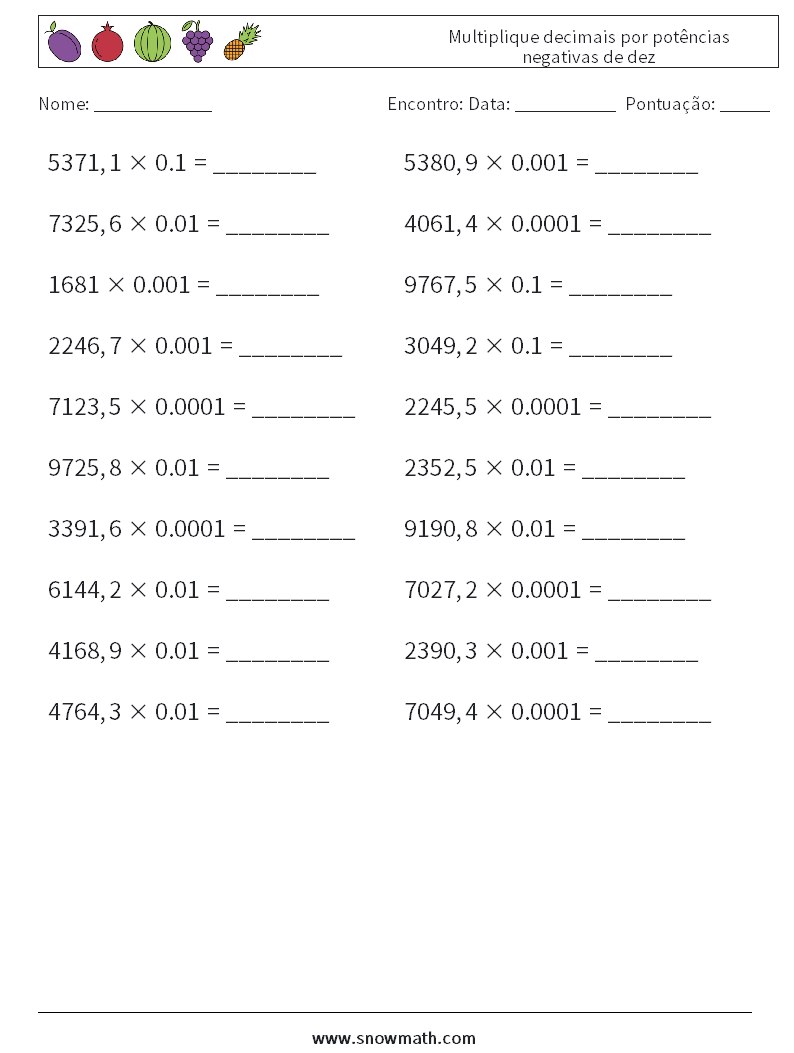 Multiplique decimais por potências negativas de dez planilhas matemáticas 6