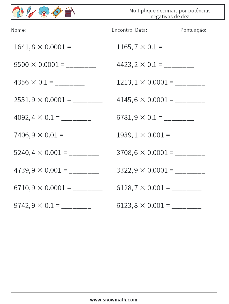 Multiplique decimais por potências negativas de dez planilhas matemáticas 7