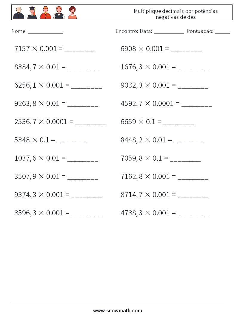 Multiplique decimais por potências negativas de dez planilhas matemáticas 8
