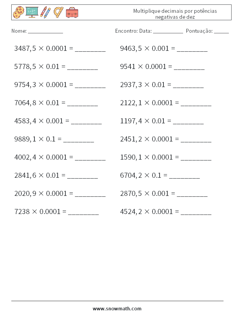 Multiplique decimais por potências negativas de dez planilhas matemáticas 9