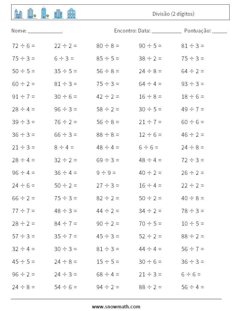 (100) Divisão (2 dígitos) planilhas matemáticas 2