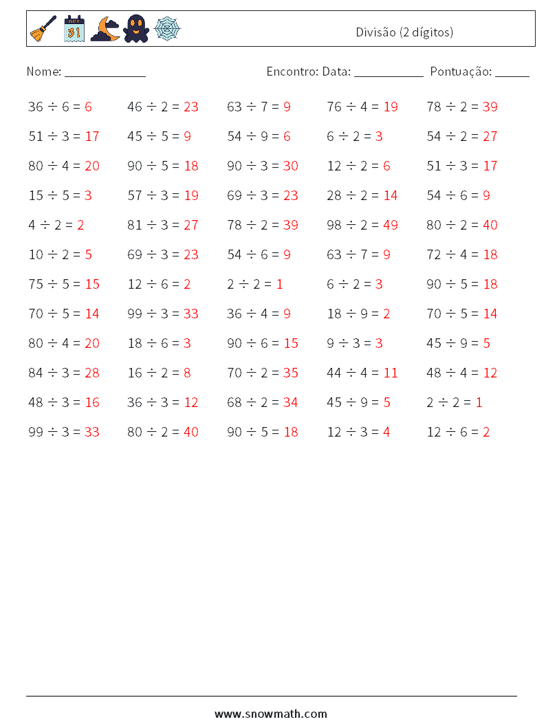 (100) Divisão (2 dígitos) planilhas matemáticas 3 Pergunta, Resposta