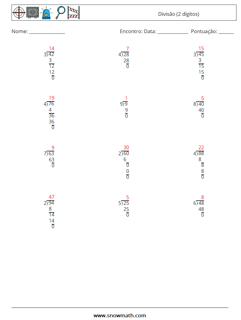 (12) Divisão (2 dígitos) planilhas matemáticas 11 Pergunta, Resposta